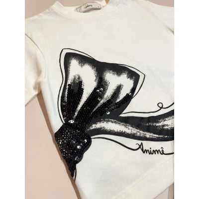 Conjunto Infantil Blusa e Saia de Tule Laços Bordados Animê