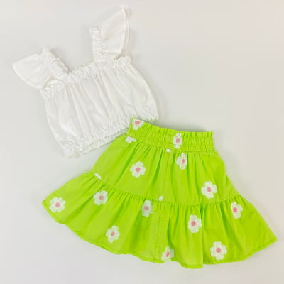 Conjunto Infantil Momi Cropped Branco & Saia Verde Flores Bordadas 