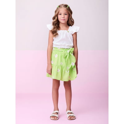 Conjunto Infantil Momi Cropped Branco & Saia Verde Flores Bordadas 