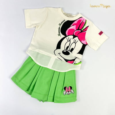 Conjunto Infantil Blusa Minnie Disney & Short Saia Verde Animê