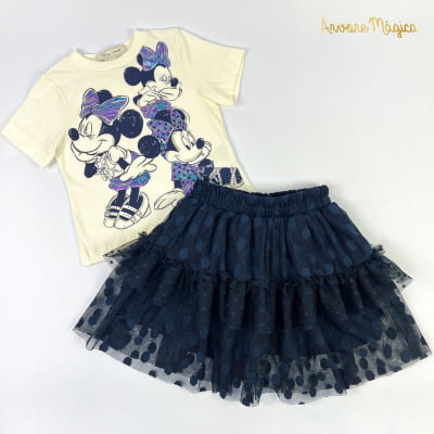 Conjunto Infantil Blusa Minnie & Saia Tule Poás Animê