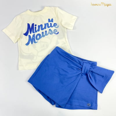 Conjunto Infantil Blusa Minnie e Short Saia Laço Azul Animê