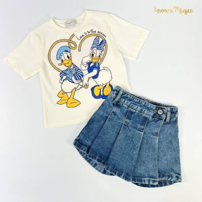  Conjunto Infantil Momi Blusa Daisy & Donald Short Saia Jeans