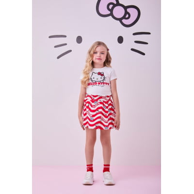 Conjunto Infantil Momi Blusa Hello Kitty Strass & Saia Ondinhas