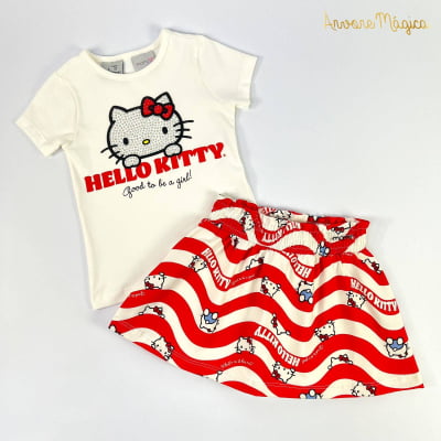 Conjunto Infantil Momi Blusa Hello Kitty Strass & Saia Ondinhas