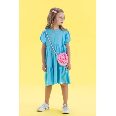 Vestido Infantil Málagah Azul com Bolsinha Flor Rosa