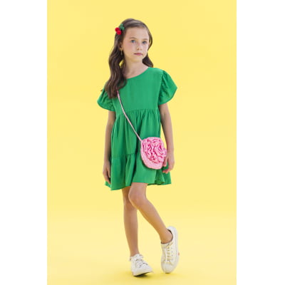 Vestido Infantil Málagah Verde com Bolsinha Flor Rosa