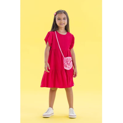 Vestido Infantil Málagah Vermelho com Bolsinha Flor Rosa