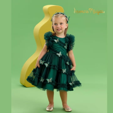 Vestido de Festa Infantil Verde Borboletas 3D Petit Cherie