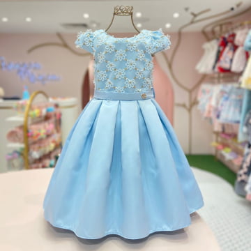 Vestido de Festa Infantil Azul Flores 3D Petit Cherie