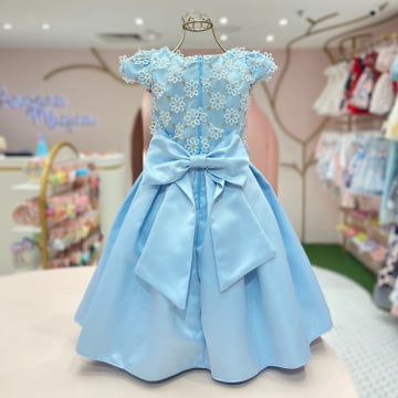 Vestido de Festa Infantil Azul Flores 3D Petit Cherie
