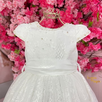Vestido de Festa Infantil Branco Luxo Rendado Petit Cherie