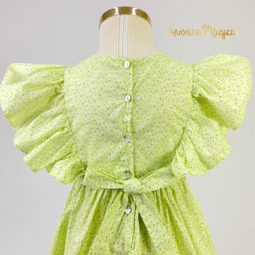Vestido de Festa Infantil 100% Algodão Verde Florzinhas Petit Cherie