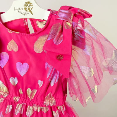 Vestido de Festa Infantil Animê Tule Rosa Corações 