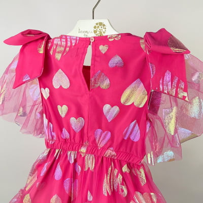 Vestido de Festa Infantil Animê Tule Rosa Corações 