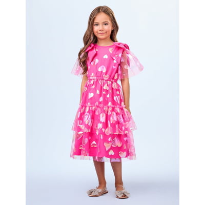 Vestido de Festa Infantil Animê Tule Rosa Corações 