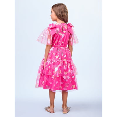 Vestido de Festa Infantil Animê Tule Rosa Corações 