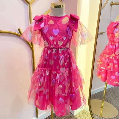 Vestido de Festa Infantil Animê Tule Rosa Corações 