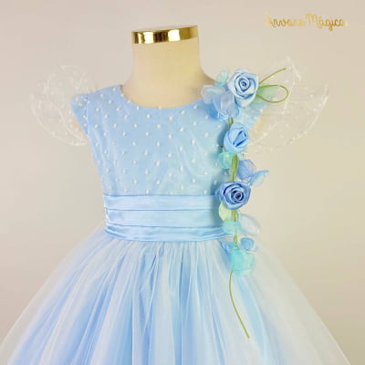 Vestido de Festa Infantil Azul Árvore Mágica Broche Flor Luxo 