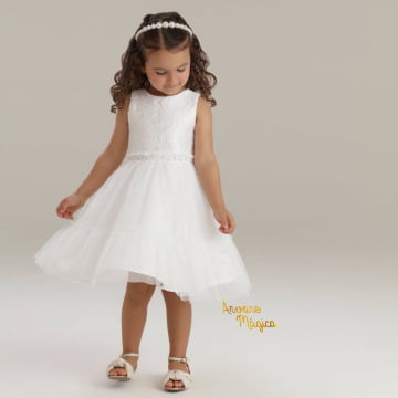 Vestido de Festa Infantil Branco Renda Tule Petit Cherie
