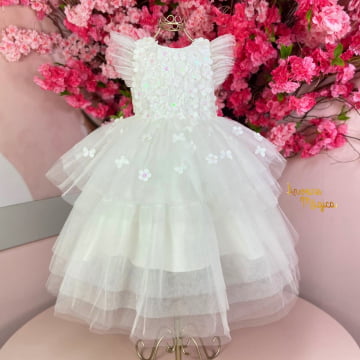 Vestido de Festa Infantil Conceito Branco Flores & Borboletas 3D Petit Cherie