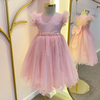  Vestido de Festa Infantil Kids Tule Rosa Glitter Árvore Mágica
