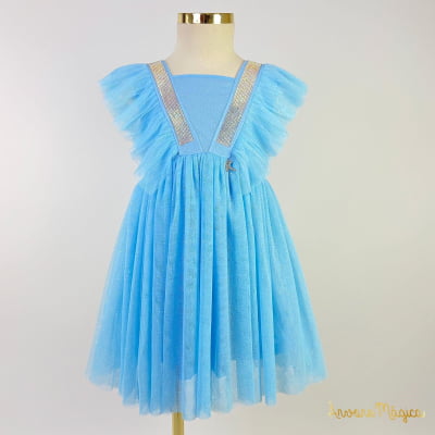 Vestido de Festa Infantil Kiki Azul Tule Glitter 