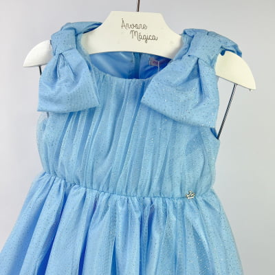 Vestido de Festa Infantil Málagah Glamour Azul Laços Tule Glitter