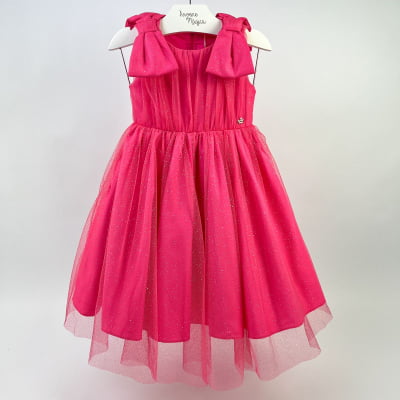 Vestido de Festa Infantil Málagah Glamour Pink Laços Tule Glitter