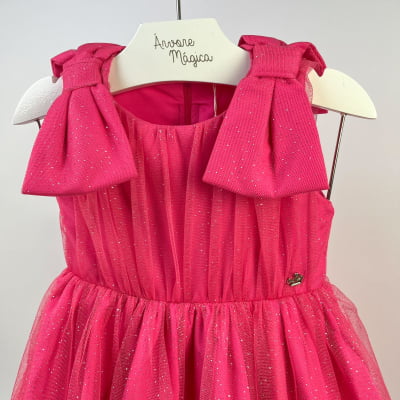 Vestido de Festa Infantil Málagah Glamour Pink Laços Tule Glitter