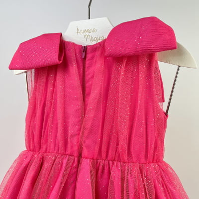 Vestido de Festa Infantil Málagah Glamour Pink Laços Tule Glitter