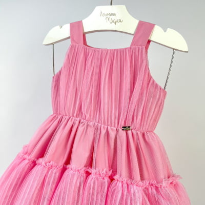 Vestido de Festa Infantil Málagah Tule Rosa Plissado