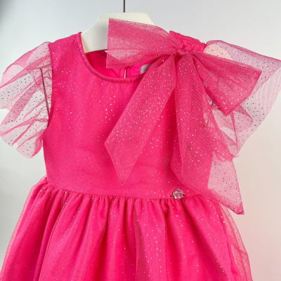 Vestido de Festa Infantil Momi Rosa Laço Tule Glitter 