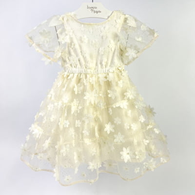 Vestido de Festa Infantil Off White Tule Glitter Flores 3D Animê 