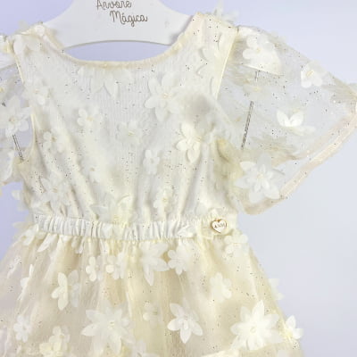 Vestido de Festa Infantil Off White Tule Glitter Flores 3D Animê 