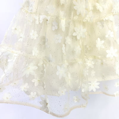 Vestido de Festa Infantil Off White Tule Glitter Flores 3D Animê 