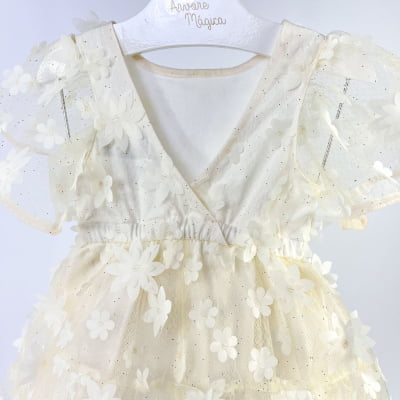 Vestido de Festa Infantil Off White Tule Glitter Flores 3D Animê 