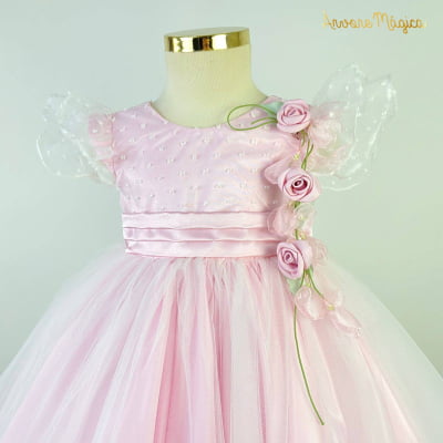 Vestido de Festa Infantil Rosa Árvore Mágica Broche Flor Luxo
