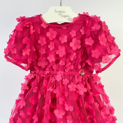 Vestido de Festa Infantil Rosa Flores 3D Animê