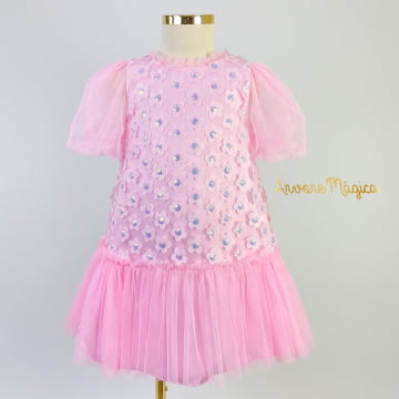 Vestido de Festa Infantil Rosa Flores 3D Petit Cherie