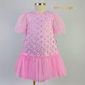 Vestido de Festa Infantil Rosa Flores 3D Petit Cherie