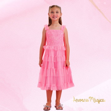 Vestido de Festa Infantil Rosa Neon Bordado Kids Petit Cherie
