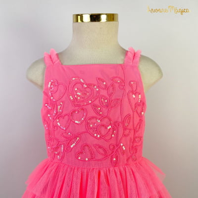 Vestido de Festa Infantil Rosa Neon Bordado Petit Cherie