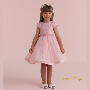 Vestido de Festa Infantil Rosa Renda Tule Petit Cherie