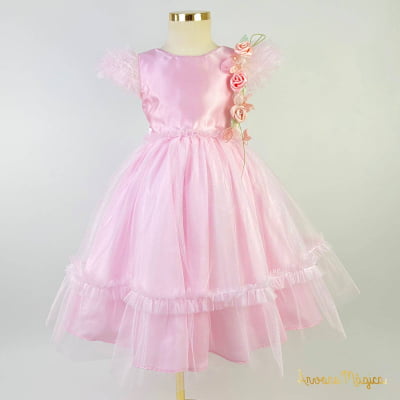 Vestido de Festa Infantil Rosa Sophie Broche Flor Luxo 