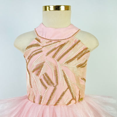 Vestido de Festa Infantil Rosa Glam Tule Bordado Bambollina