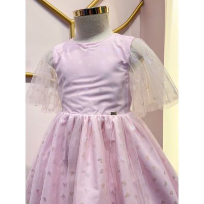 Vestido de Festa Infantil Rosa Tule Corações Furta-Cor Málagah