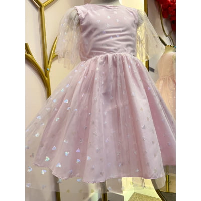 Vestido de Festa Infantil Rosa Tule Corações Furta-Cor Málagah