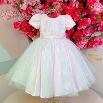 Vestido de Festa Infantil Rosa Tule Flocado Luxo