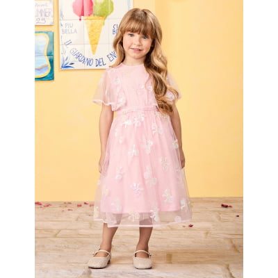 Vestido de Festa Infantil Tule Laços Paetês Bordados Animê